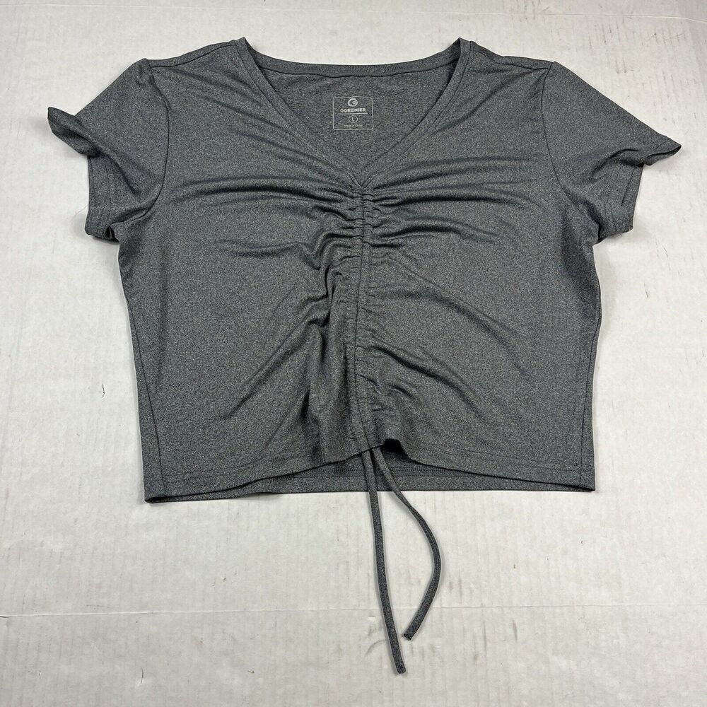 Ogeenier  Womens Performance Cropped Top Gray V-Neck Short Sleeve Stretch LARGE